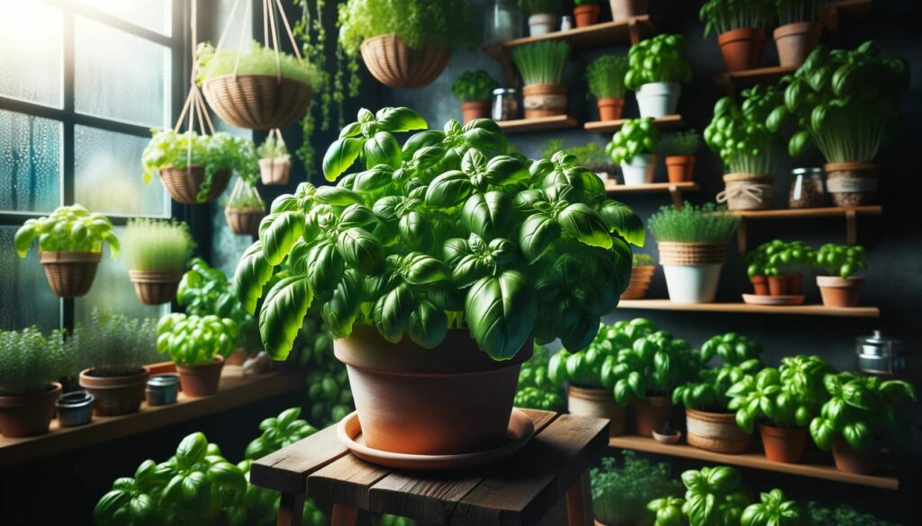 Basil Plant Thriving In An Indoor Herb Garden