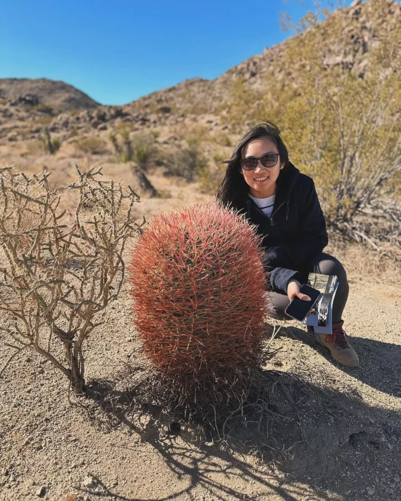 Girl Posing with California Barrel Cactus (Ferocactus Cylindraceus) Plant In Forest Area