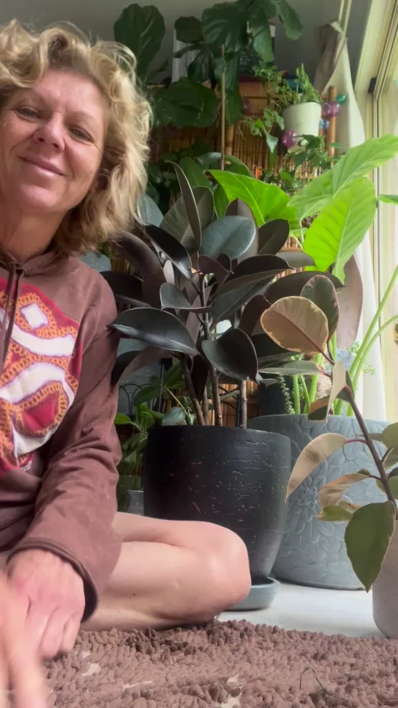 Happy Women Posing with Rubber Tree Displayed with Other Indoor Plants at Home Garden Area