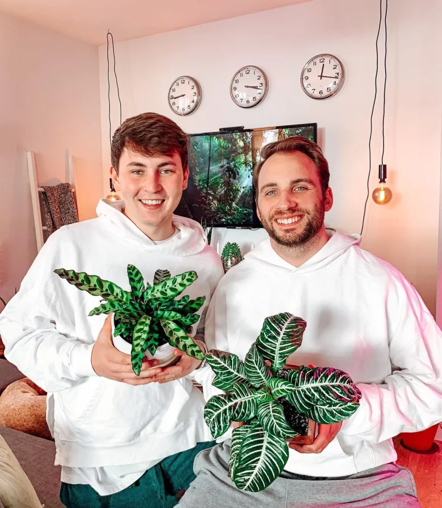Happy Men Posing with Their Favorite Plants Zebra Plant (Haworthiopsis Attenuata) In Square Shape Pot at Home Garden Area