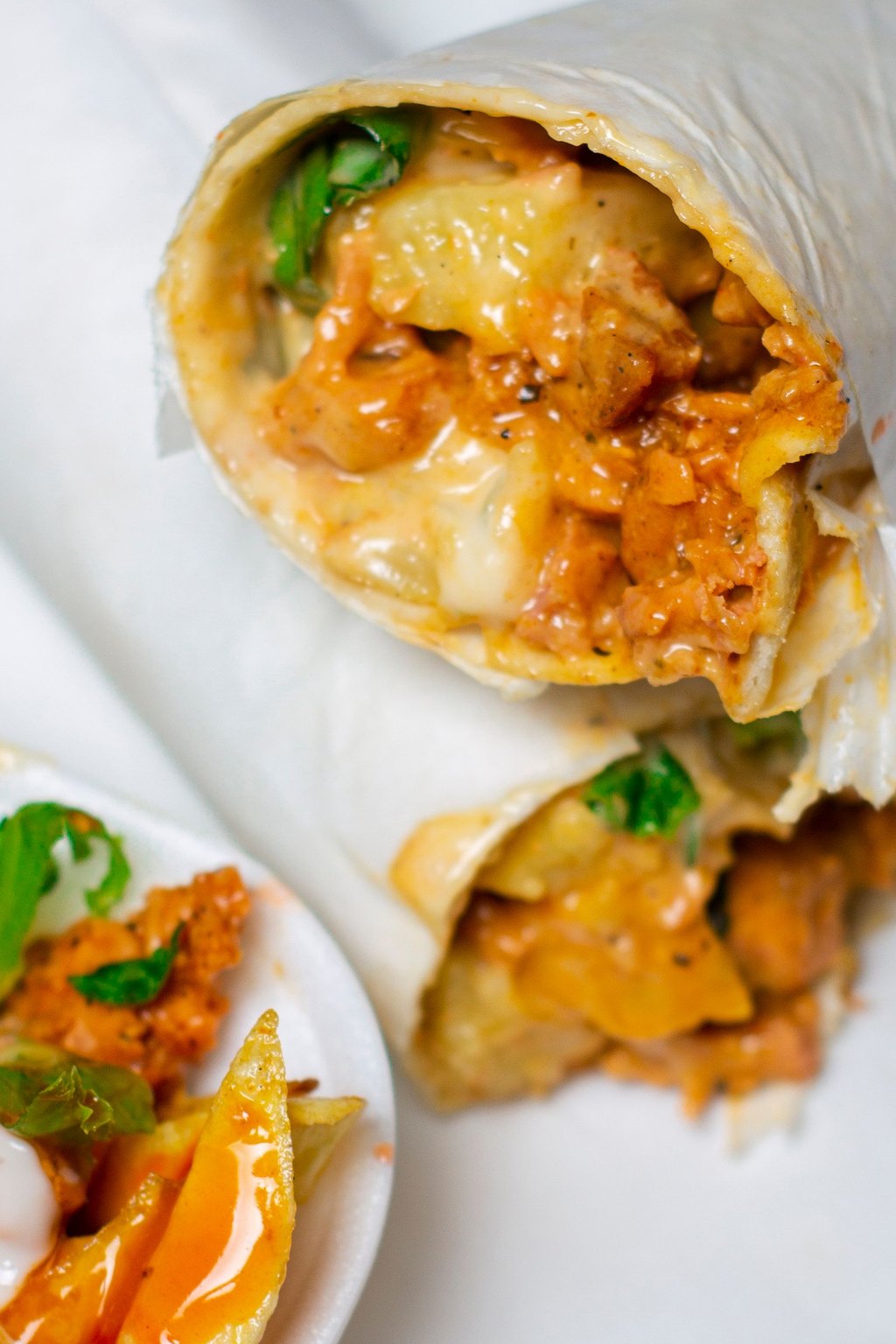 Close up of buffalo chicken wraps
