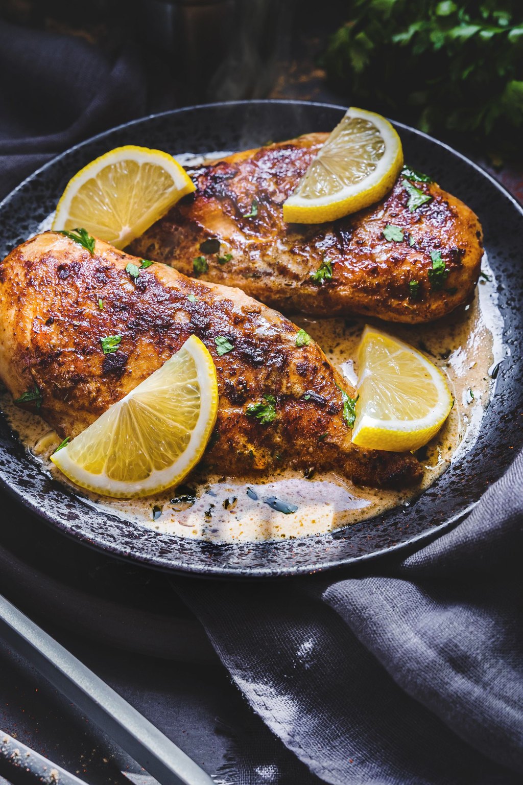 Close up of lemon chicken piccata