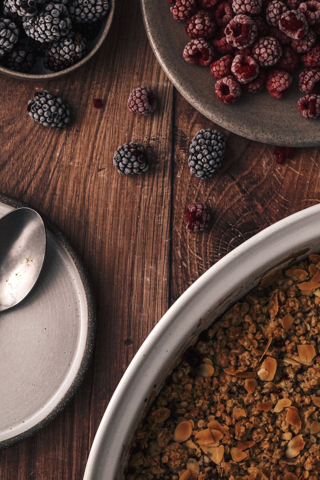 Close up of mixed berry crisp