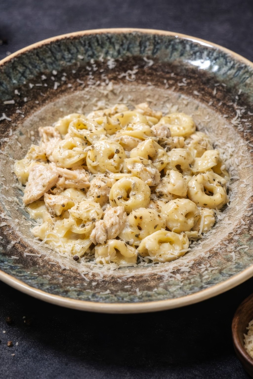 Close up of one pot creamy pesto tortellini