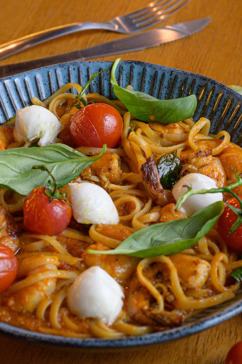 Close up of one pot tomato basil pasta