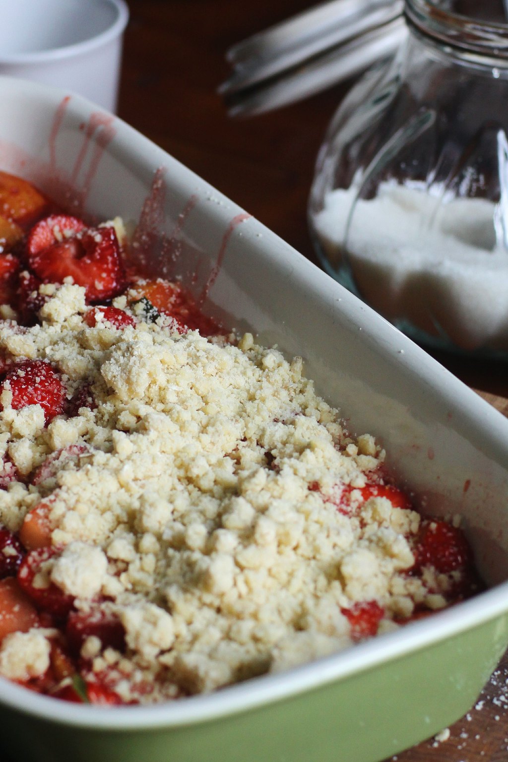 Close up of strawberry rhubarb crisp