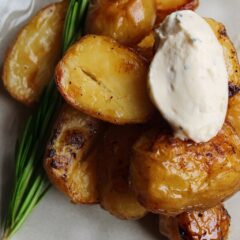Close up of crispy smashed potatoes
