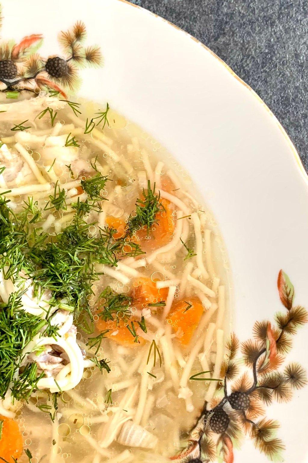 Close up of homemade chicken noodle soup