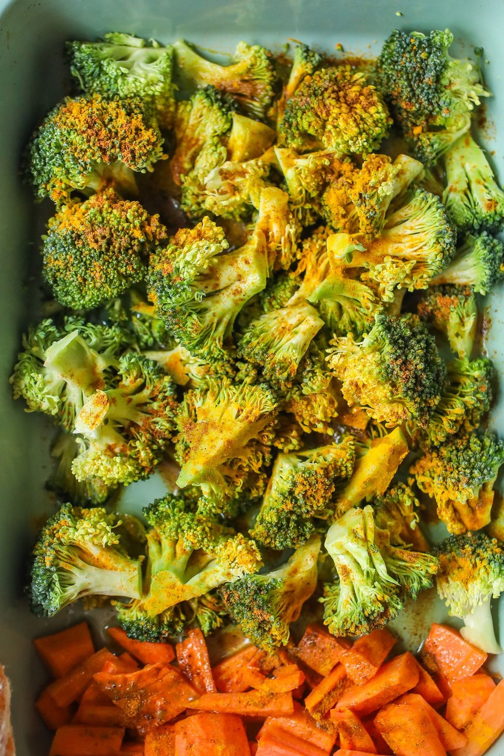 Close up of roasted broccoli with parmesan