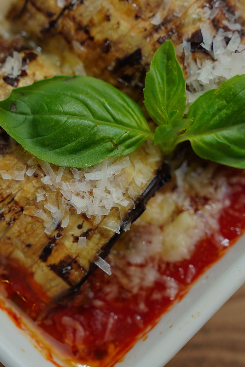 Close up of eggplant parmesan casserole
