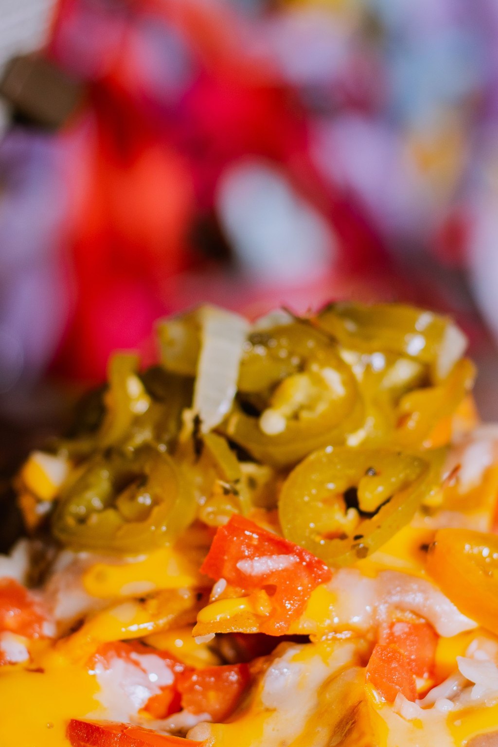 Close up of loaded sheet pan nachos
