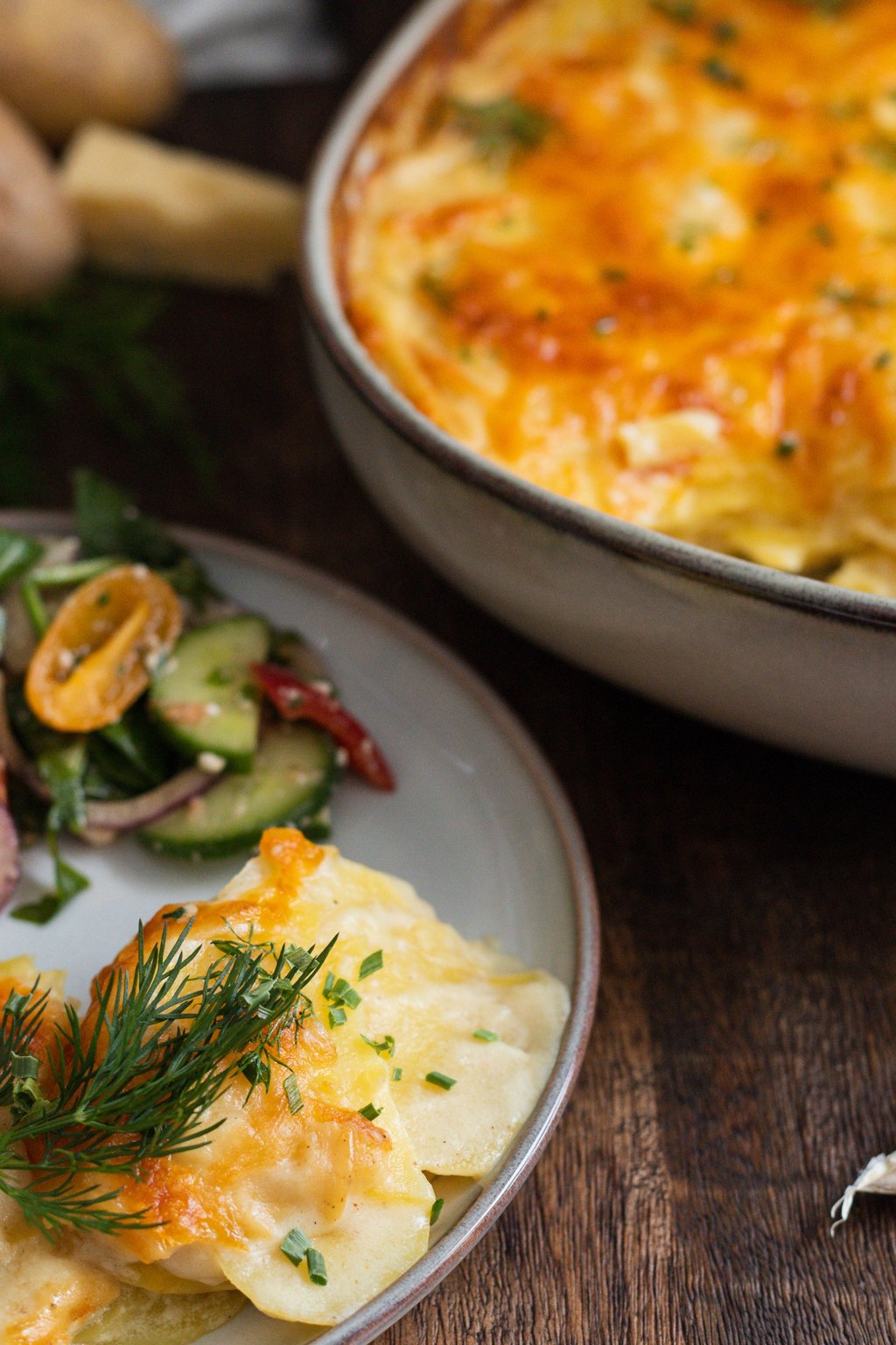 Close up of scalloped potatoes and ham