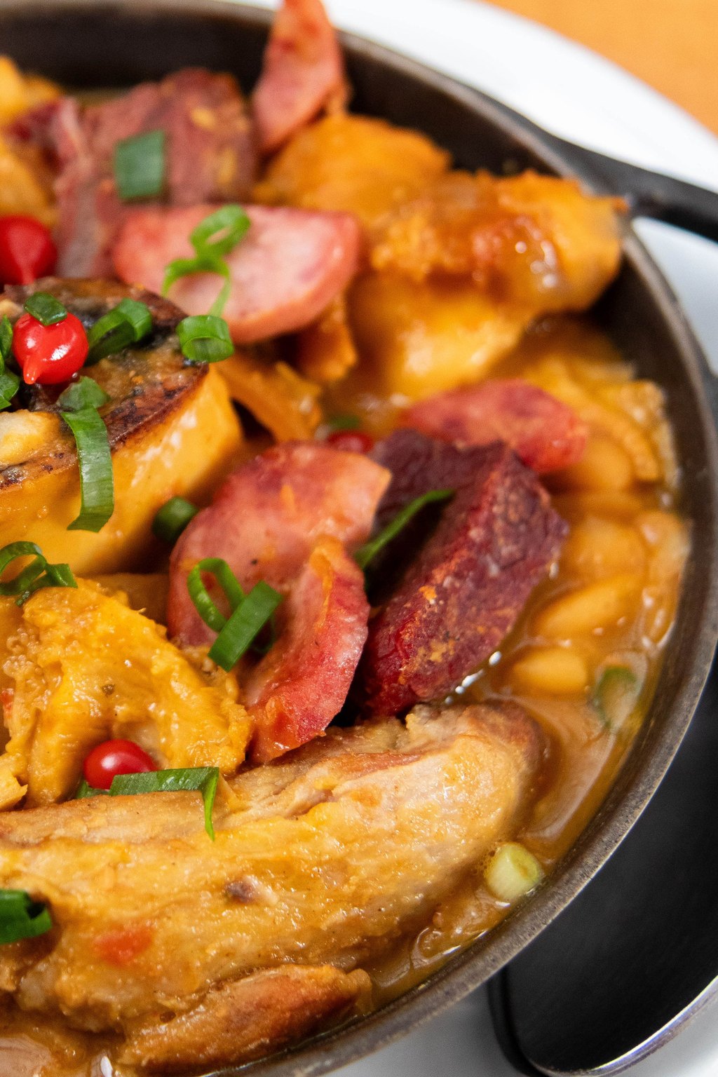 Close up of tuscan white bean and sausage stew