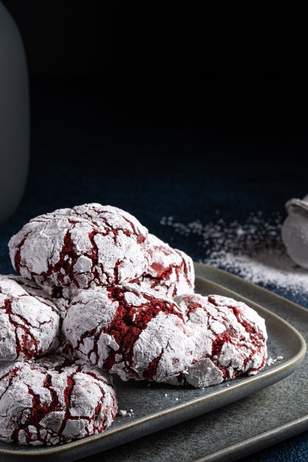Close up of red velvet crinkle cookies