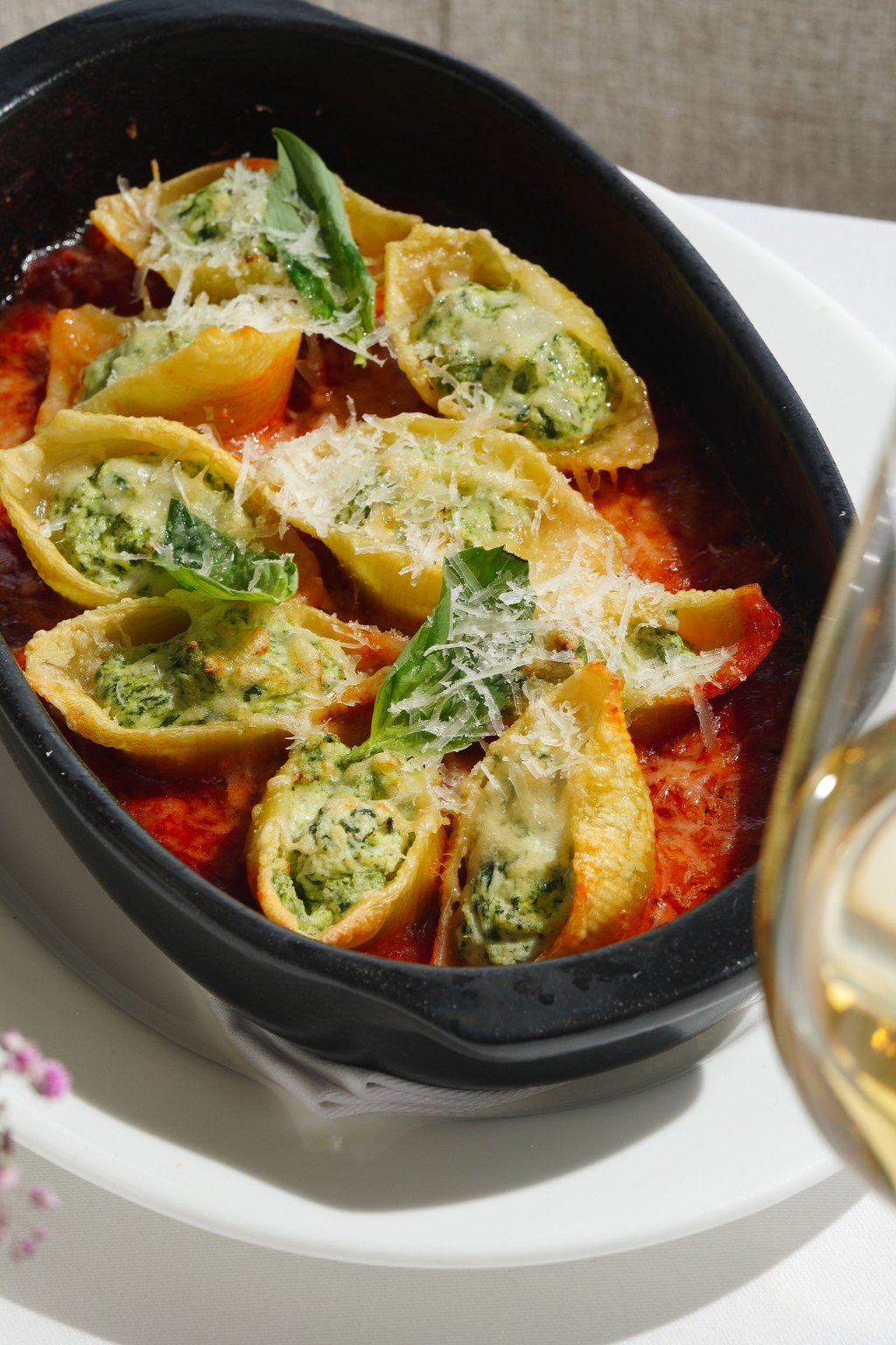 Close up of spinach and ricotta stuffed shells