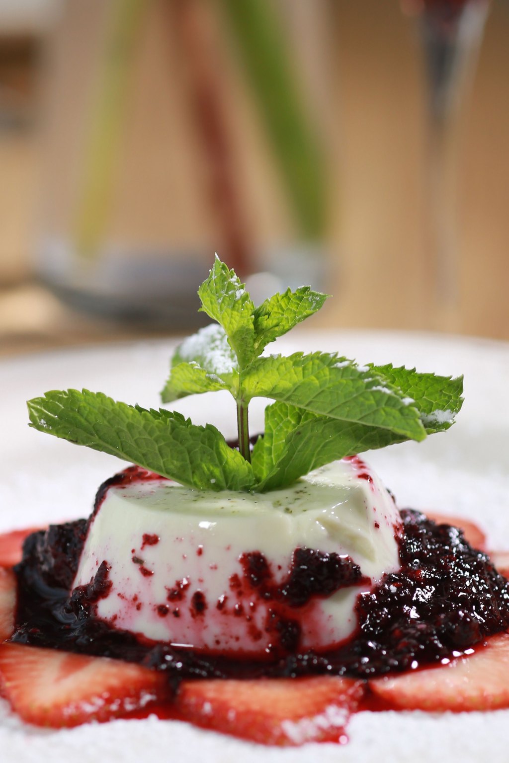 Close up of strawberry panna cotta