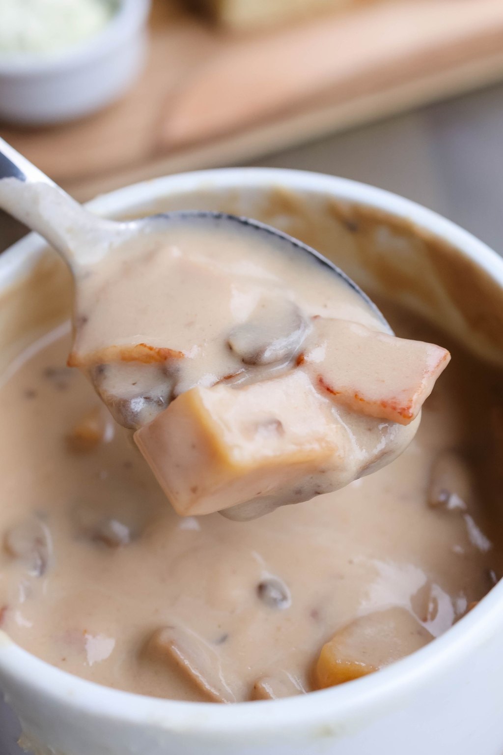Close up of loaded baked potato soup