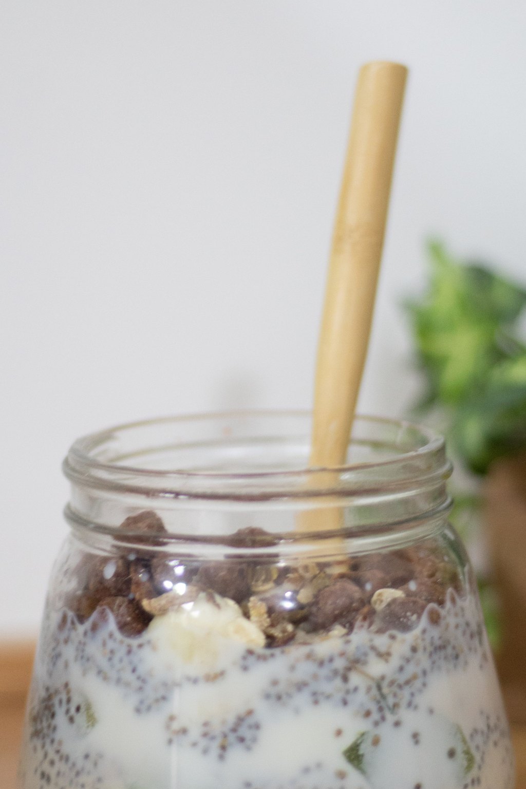 Close up of peanut butter banana overnight oats