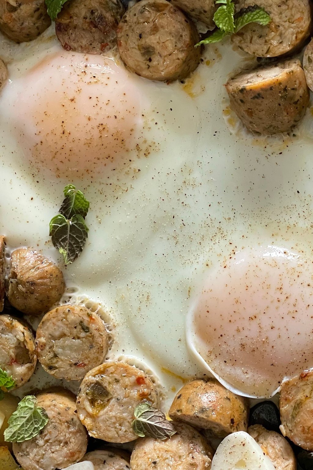 Close up of sausage and potato skillet