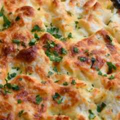 Close up of cheesy baked ziti