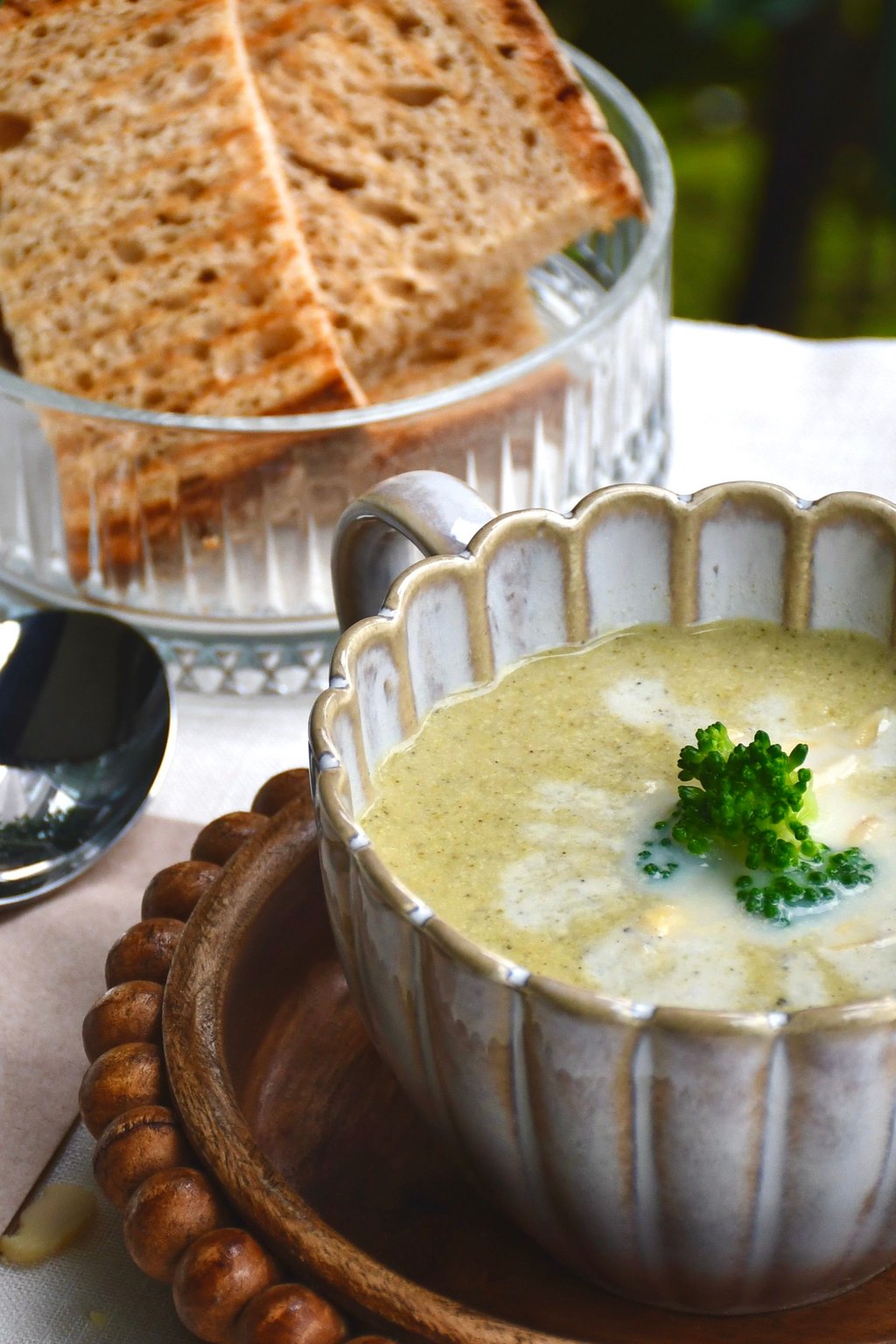 Close up of broccoli cheddar soup