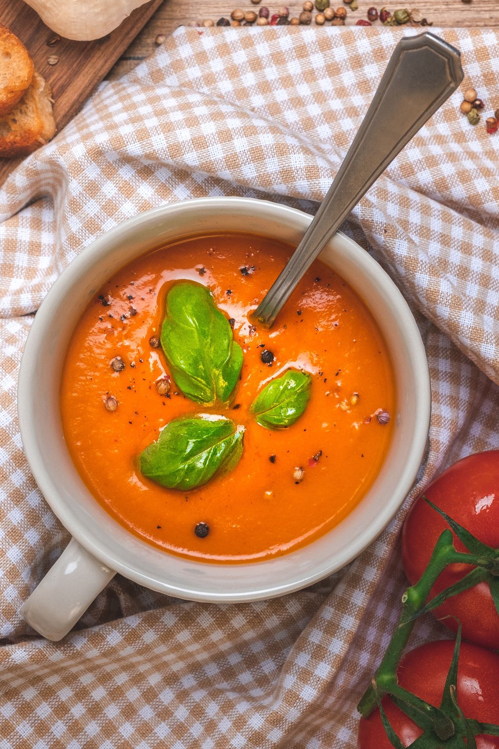 Close up of creamy tomato basil soup