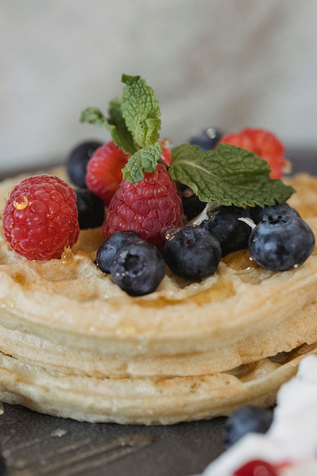 Close up of fluffy homemade waffles