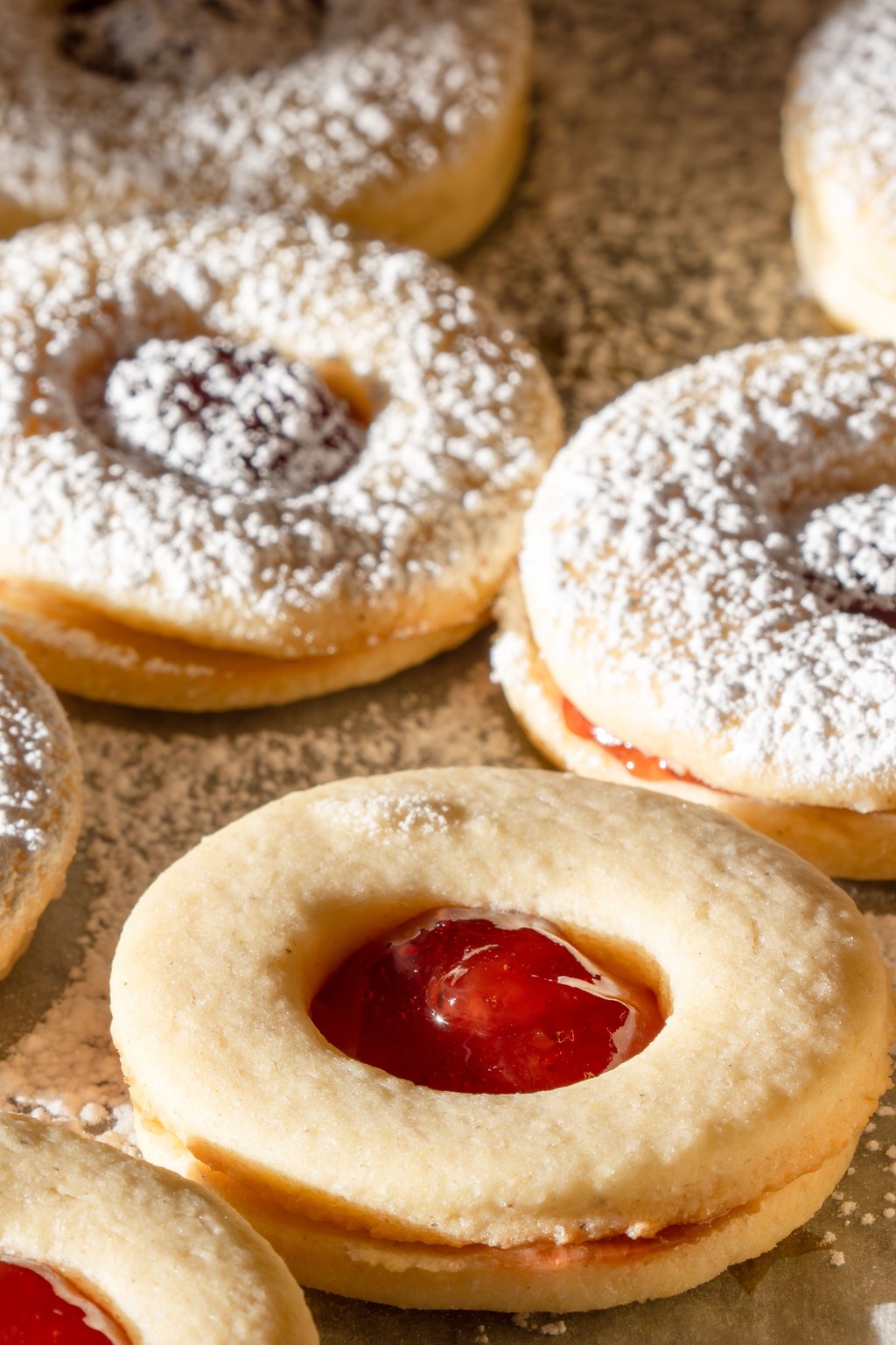 Close up of linzer cookies