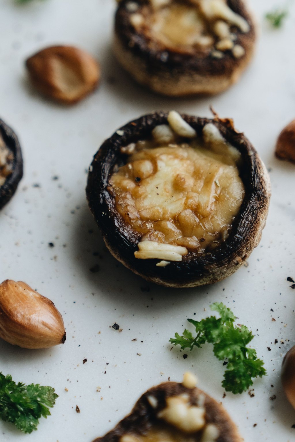 Close up of sausage stuffed mushrooms