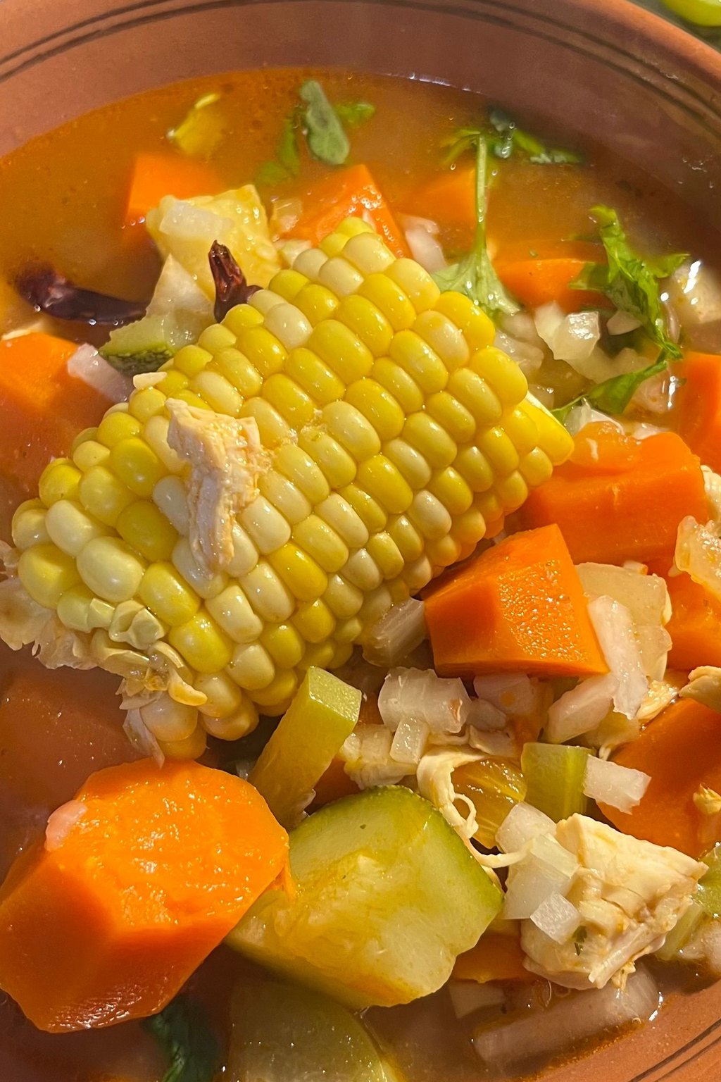 Close up of slow cooker chicken tortilla soup