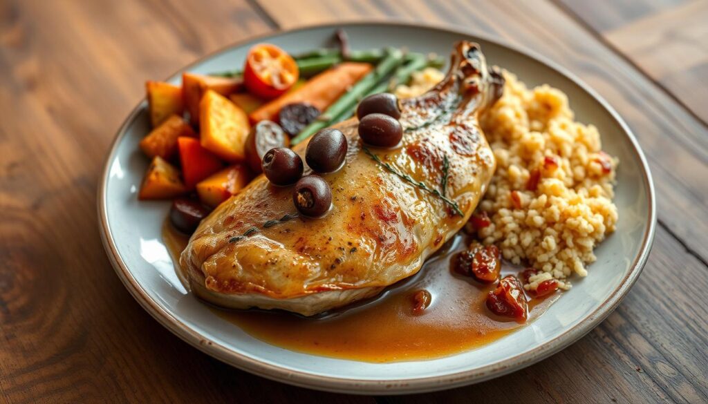 Chicken Marbella with side dishes