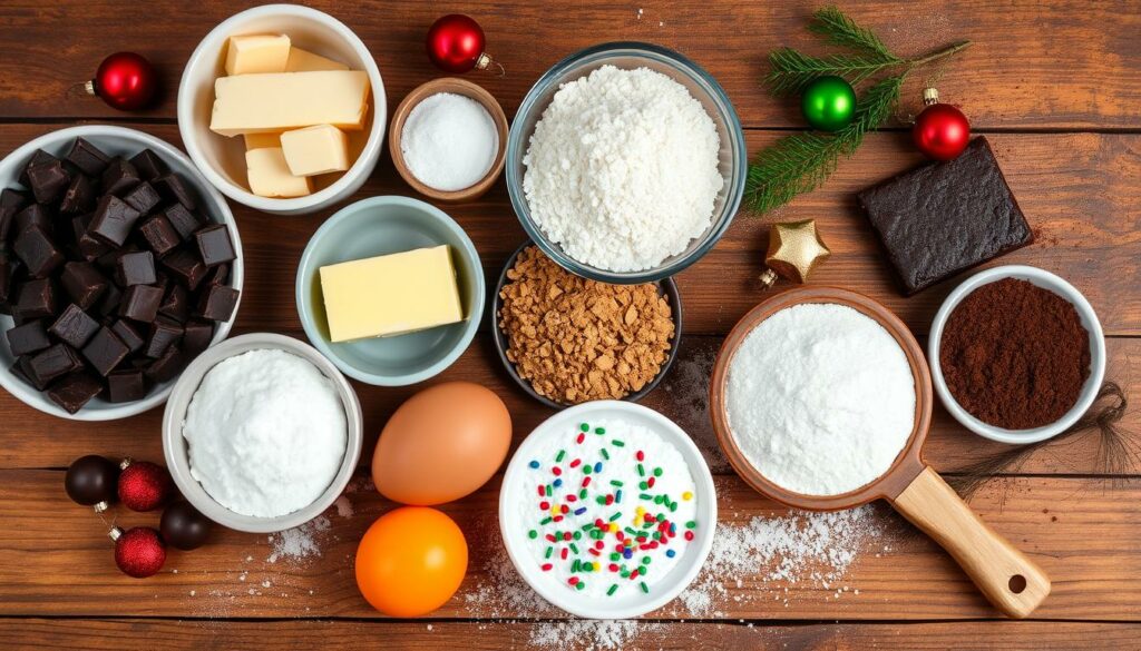 Essential brownie ingredients for Jingle Bell Brownie Bites