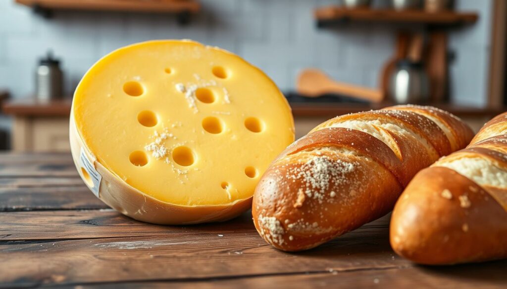 Gruyère cheese and baguette