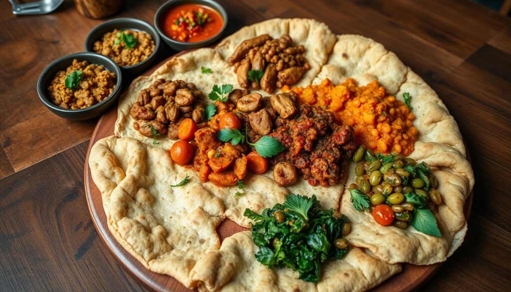 Injera bread and Ethiopian side dishes