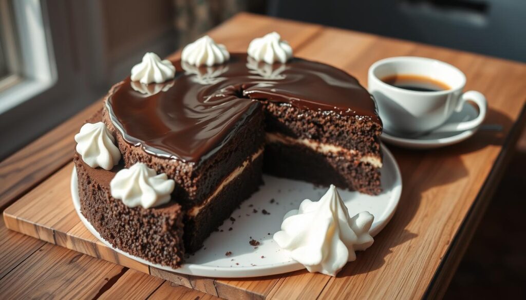 Sacher Torte with whipped cream and coffee