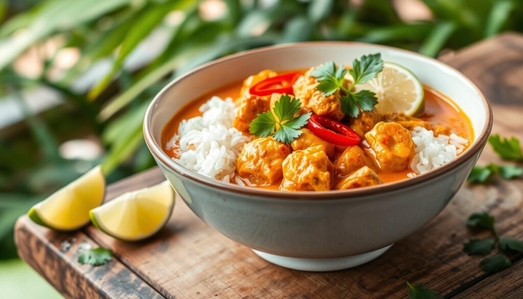 Thai curry chicken with jasmine rice and herb garnishes