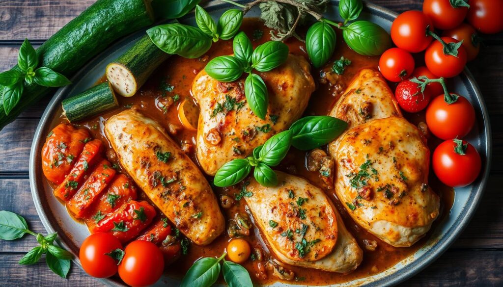 Tuscan chicken variations with seasonal vegetables and spices