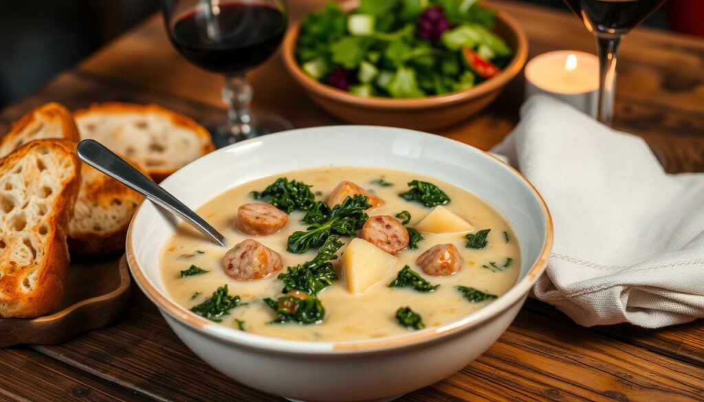 Zuppa Toscana with side dishes and wine