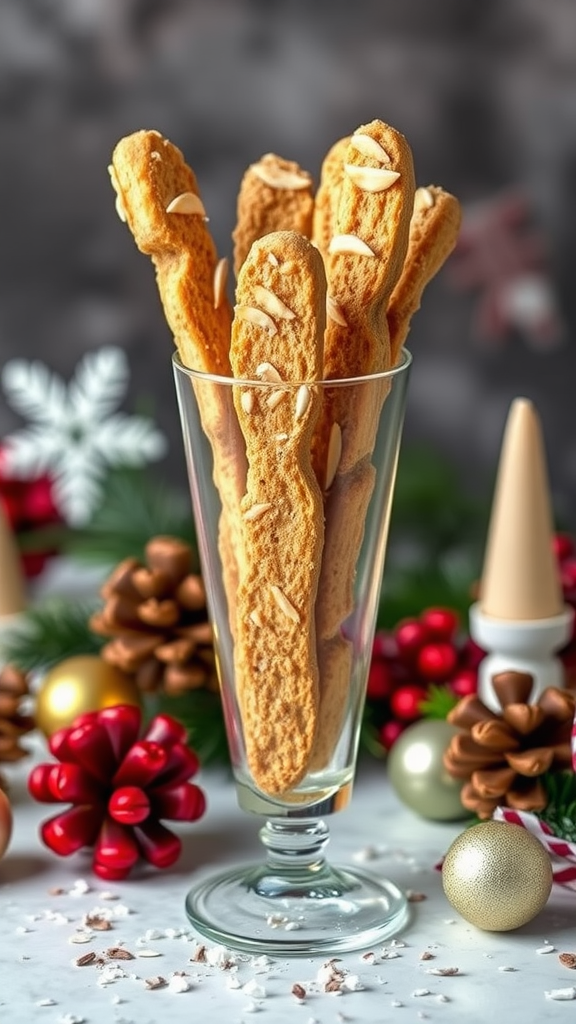 A glass filled with almond biscotti, surrounded by festive decorations like pinecones and colorful ornaments.