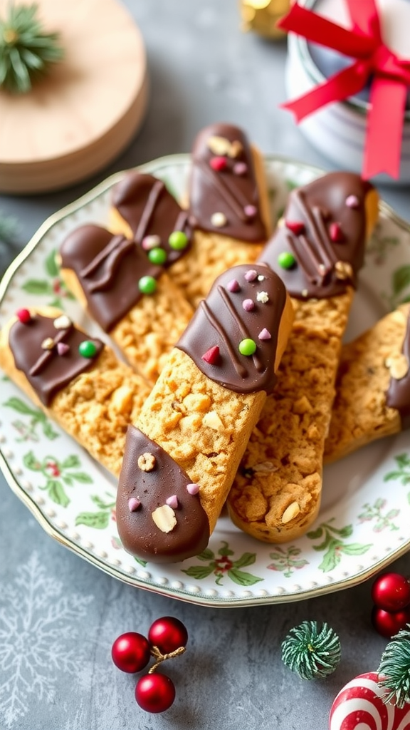 A plate of almond biscotti dipped in chocolate, decorated with colorful sprinkles.