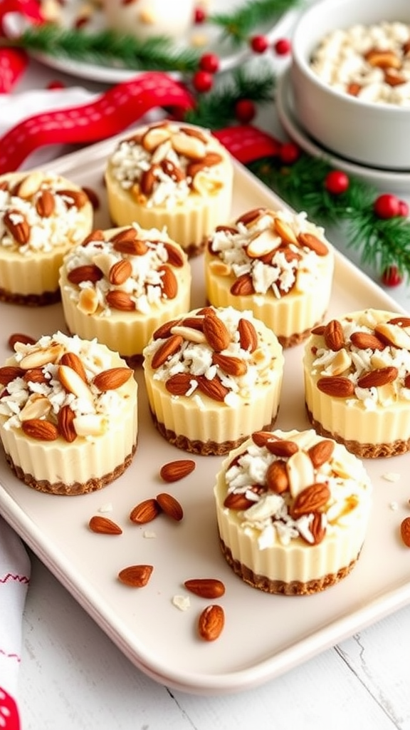 A plate of Almond Joy Cheesecake Bites topped with shredded coconut and almonds, showcasing a cream cheese filling with a graham cracker crust.