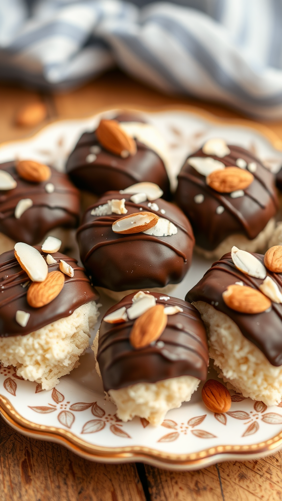 Delicious chocolate-coated coconut macaroons topped with almonds on a decorative plate.
