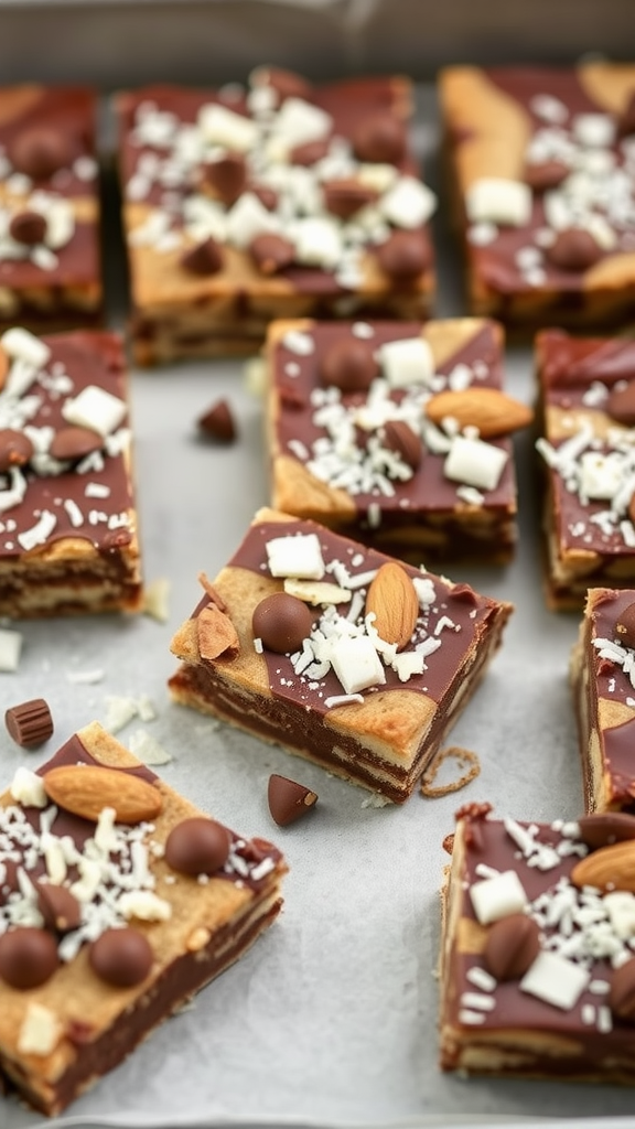 Delicious Almond Joy Cookie Bars with chocolate, coconut, and almonds.