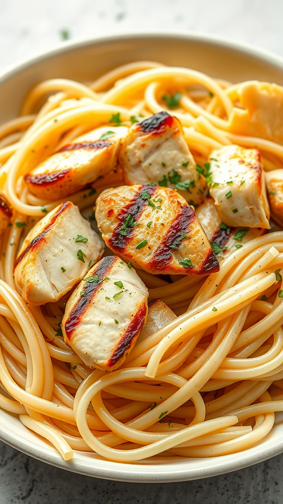 A bowl of angel hair pasta topped with grilled chicken pieces, garnished with parsley.