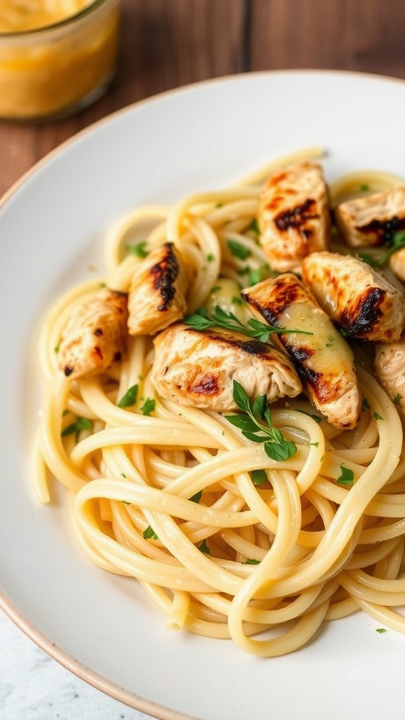 A plate of angel hair pasta topped with grilled chicken and garnished with herbs.