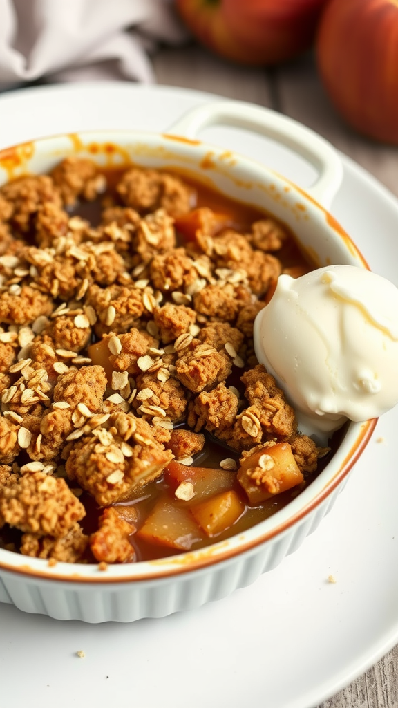 A delicious apple crisp with oat topping served with a scoop of ice cream