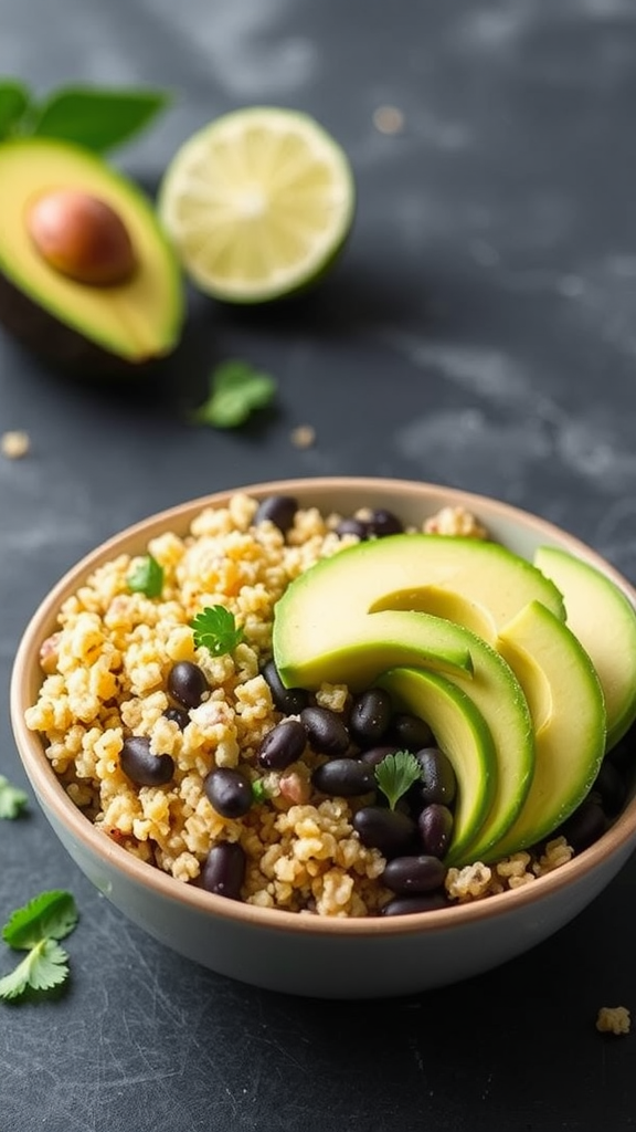 A colorful avocado lime grain bowl with black beans, grains, and lime.