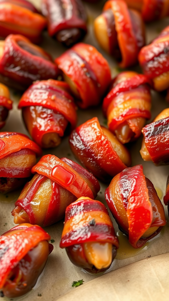 A close-up image of bacon-wrapped dates arranged neatly.