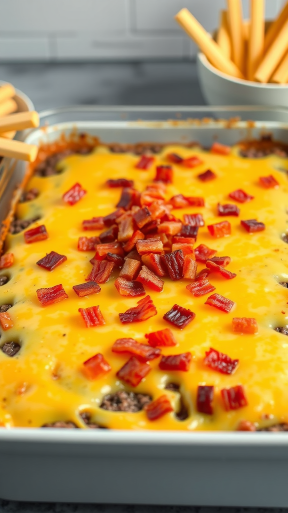 A dish of Bacon Cheeseburger Casserole topped with cheese and bacon bits