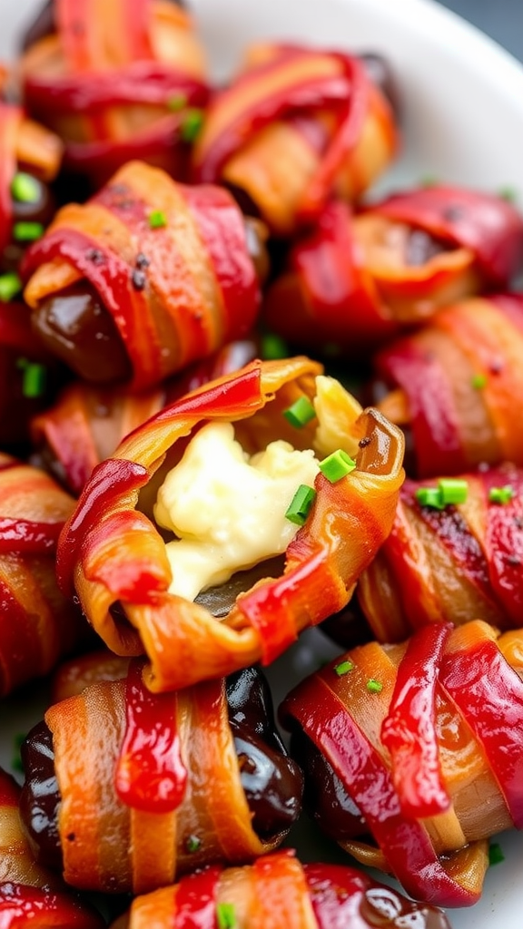 A plate of bacon wrapped dates, some with creamy filling peeking out, garnished with chives.